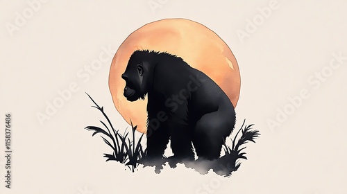 Silhouette of a Gorilla at Sunset, Digital Painting Illustration AI Generated photo