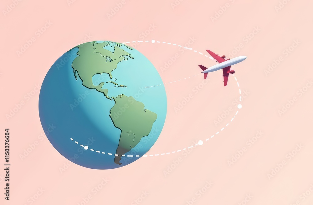 Fototapeta premium Planet Earth with green continents and blue oceans on a pink background to the left and around the Earth flies a white red plane, leaving a white trail.