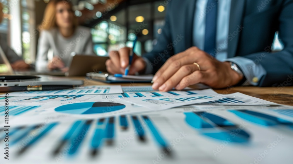 Close-up of a businessman's hand pointing at a financial chart. AI generative. . Close-up of a businessman's hand pointing at a financial chart. AI generative. .