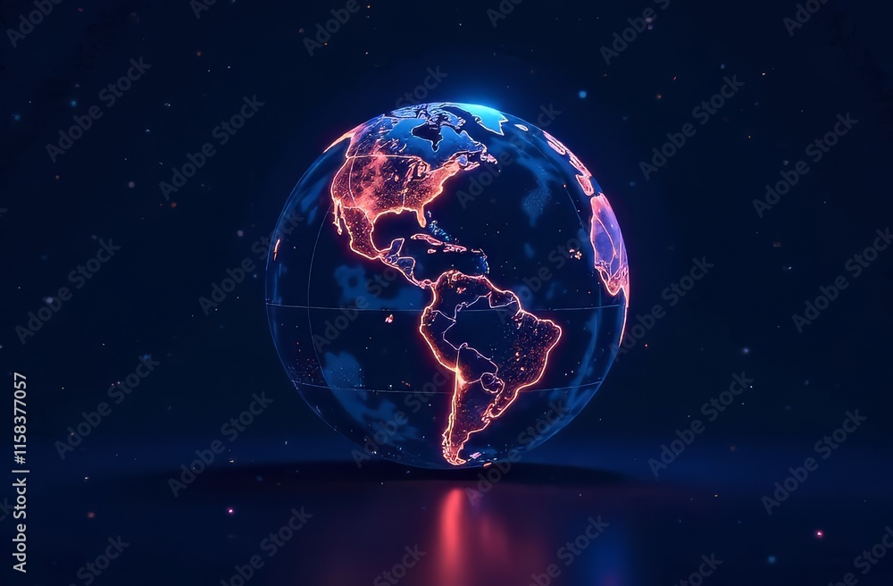 Planet Earth in the shape of a sphere, on which the continents divided into countries glow with a warm yellow light, stands on a dark mirror surface, in which it is reflected against a dark background Planet Earth in the shape of a sphere, on which the continents divided into countries glow with a warm yellow light, stands on a dark mirror surface, in which it is reflected against a dark background