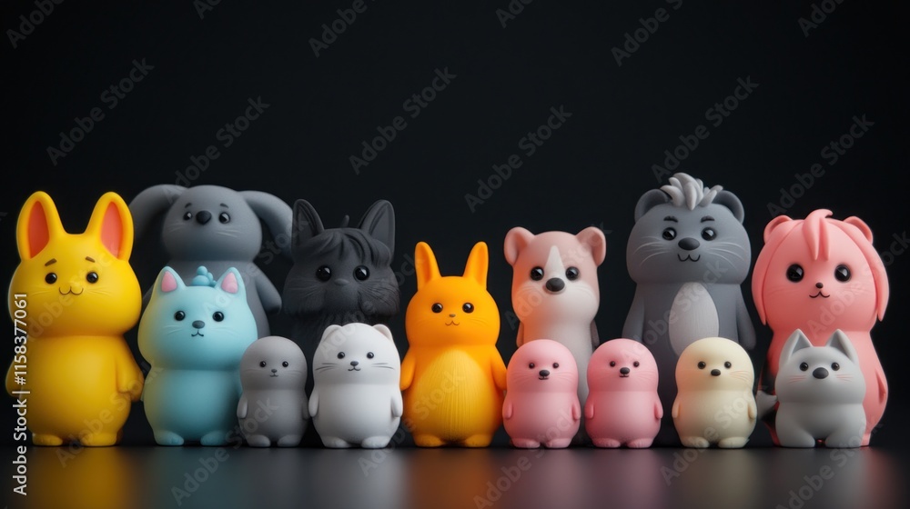 Adorable cartoon animal figurines in a row against a black background. Adorable cartoon animal figurines in a row against a black background.
