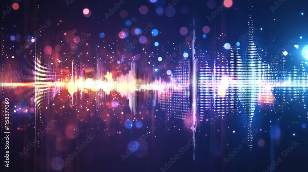 Abstract visual representation of sound waves with vibrant colors and glowing particles. Abstract visual representation of sound waves with vibrant colors and glowing particles.