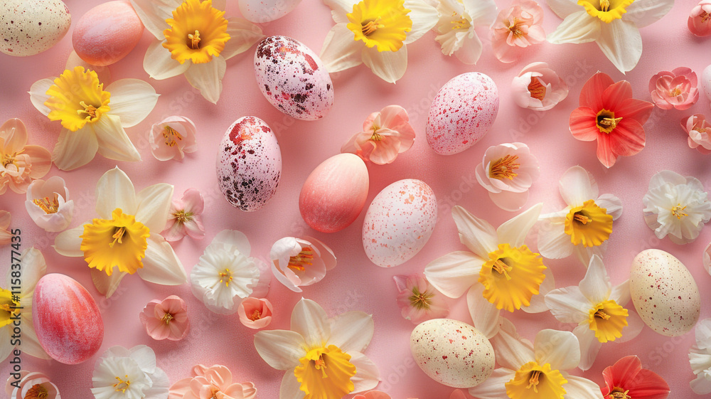 Pink Easter banner. pink eggs and daffodils. Pink Easter banner. pink eggs and daffodils.