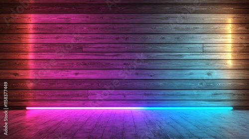 Vibrant Neon Lights Illuminating Wooden Wall: Stunning 3D Render in a Futuristic Style. AI Generated