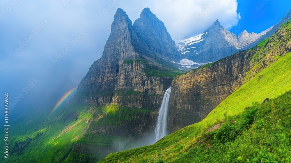 Obraz premium Majestic waterfall cascading down steep mountainside, rainbow visible amidst mist and dramatic peaks.
