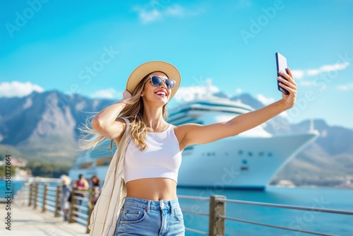 Woman enjoying a sunny day, taking a selfie at a cruise port. Bright and cheerful setting, casual attire, vibrant mountain and ocean backdrop. Ai generative