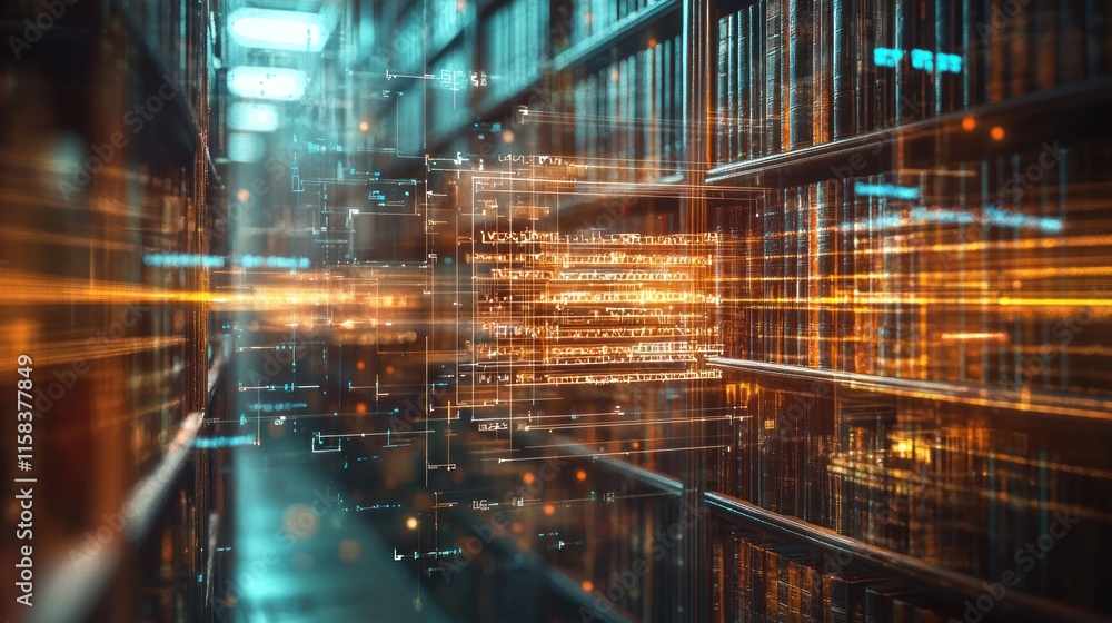 A futuristic library scene with glowing data streams and shelves of books. A futuristic library scene with glowing data streams and shelves of books.