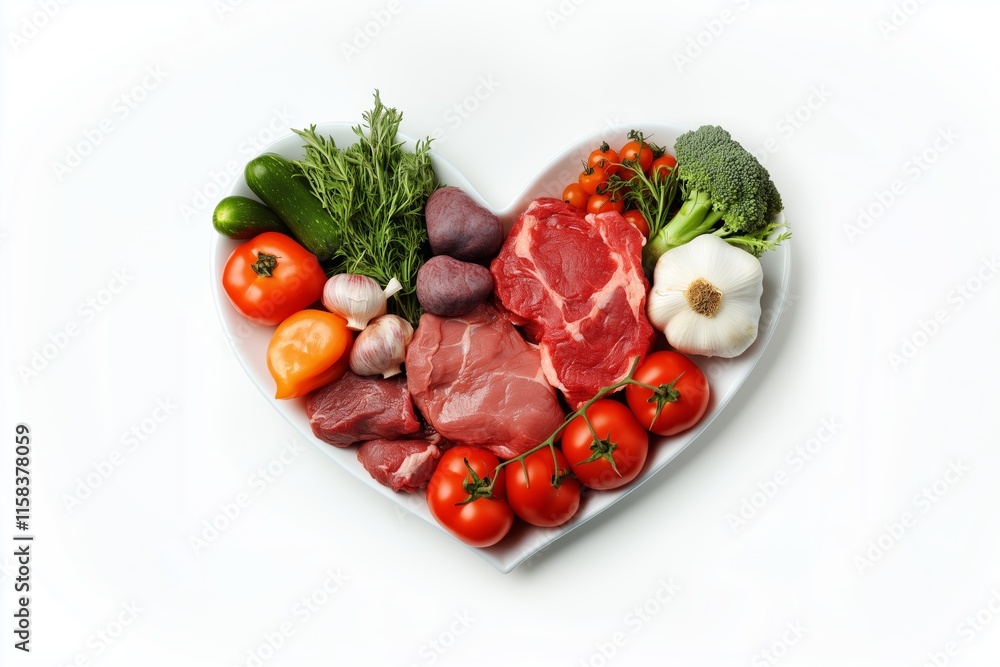 Heart-shaped arrangement of fresh produce and meats on a white background creates a pleasing and healthy display Heart-shaped arrangement of fresh produce and meats on a white background creates a pleasing and healthy display