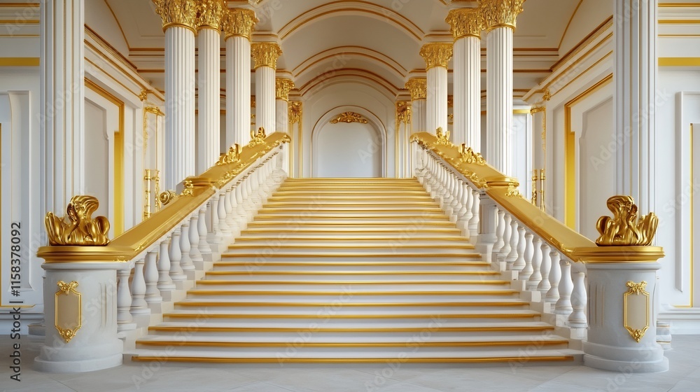 Fototapeta premium Grand Staircase 3D Render: Majestic, Golden Accents in Opulent Palace Setting. AI Generated