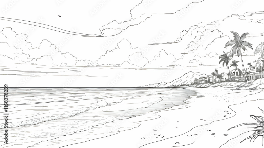 Summer sea beach scene view one line drawing illustration. Continuous line art hand drawn vector styles Summer sea beach scene view one line drawing illustration. Continuous line art hand drawn vector styles