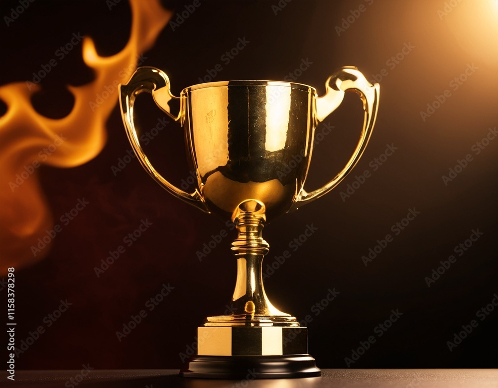 A golden trophy with two handles stands on a black base, illuminated by a spotlight against a dark background with orange flames. A golden trophy with two handles stands on a black base, illuminated by a spotlight against a dark background with orange flames.