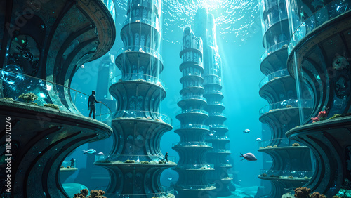 Underwater cities  a glimpse into futuristic aquatic architecture and urban life, digital art of futuristic concept. #1158378276