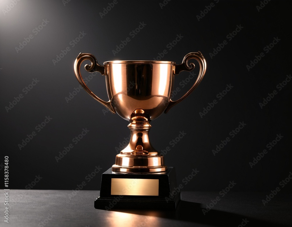 A golden trophy with a black base and gold plaque stands on a black surface, illuminated by a spotlight. A golden trophy with a black base and gold plaque stands on a black surface, illuminated by a spotlight.