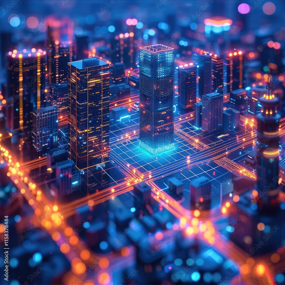 A holographic city, with tall buildings and skyscrapers. Interconnected IoT clouds with glowing lines are seen, simulating the transmission of data cubes. top view. A holographic city, with tall buildings and skyscrapers. Interconnected IoT clouds with glowing lines are seen, simulating the transmission of data cubes. top view.