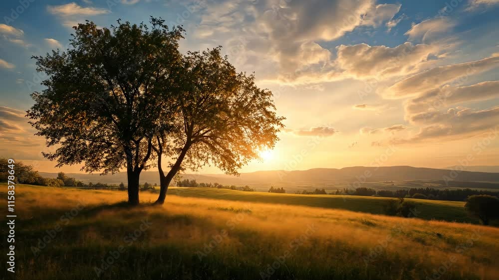 Sunset Serenity: Golden Hour Landscape with Silhouetted Trees Sunset Serenity: Golden Hour Landscape with Silhouetted Trees