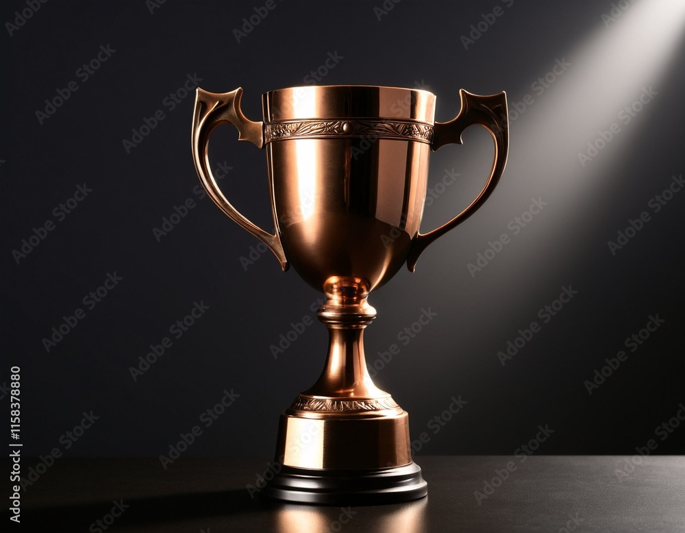 A golden trophy with intricate designs on its sides and base stands on a black surface, illuminated by a spotlight. A golden trophy with intricate designs on its sides and base stands on a black surface, illuminated by a spotlight.