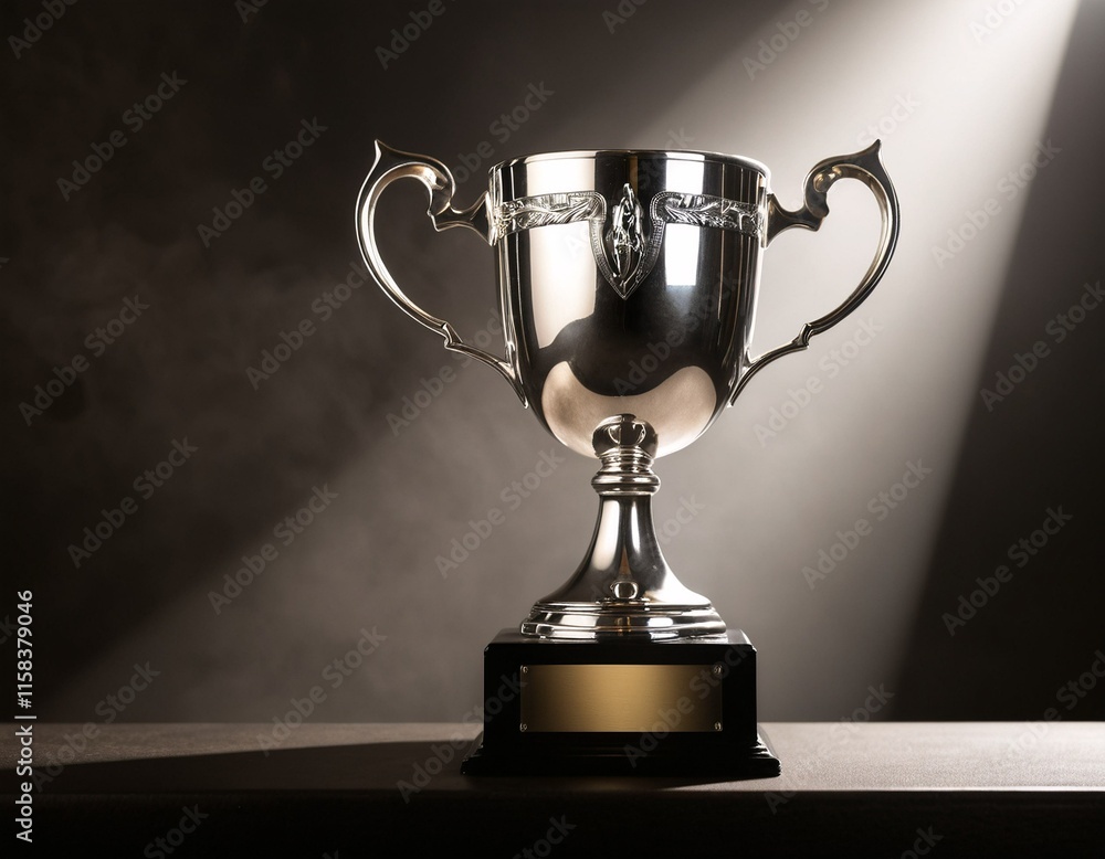 A silver trophy with gold plaque, standing on a black base, is illuminated by a spotlight against a dark background. A silver trophy with gold plaque, standing on a black base, is illuminated by a spotlight against a dark background.