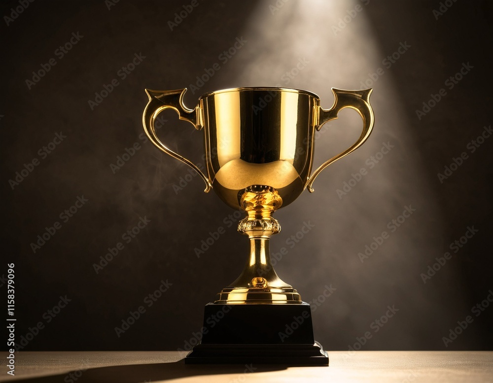 A golden trophy with two handles stands on a black base, illuminated by a spotlight against a dark background. A golden trophy with two handles stands on a black base, illuminated by a spotlight against a dark background.