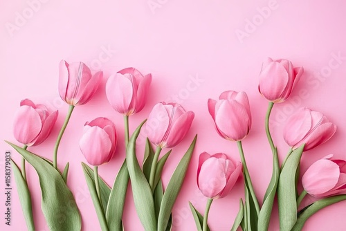 Beautiful composition spring flowers. Bouquet of pink tulips flowers on pastel pink background. Valentine's Day, Easter, Birthday, Happy Women's Day, Mother's Day. Flat lay, top view, copy space