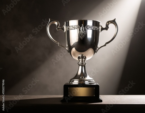 A silver trophy with gold plaque, standing on a black base, is illuminated by a spotlight against a dark background. photo