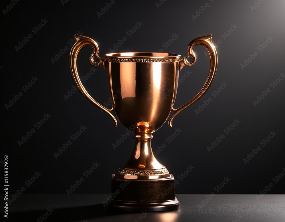 A golden trophy with two handles stands on a dark surface, casting a shadow on the table. A golden trophy with two handles stands on a dark surface, casting a shadow on the table.