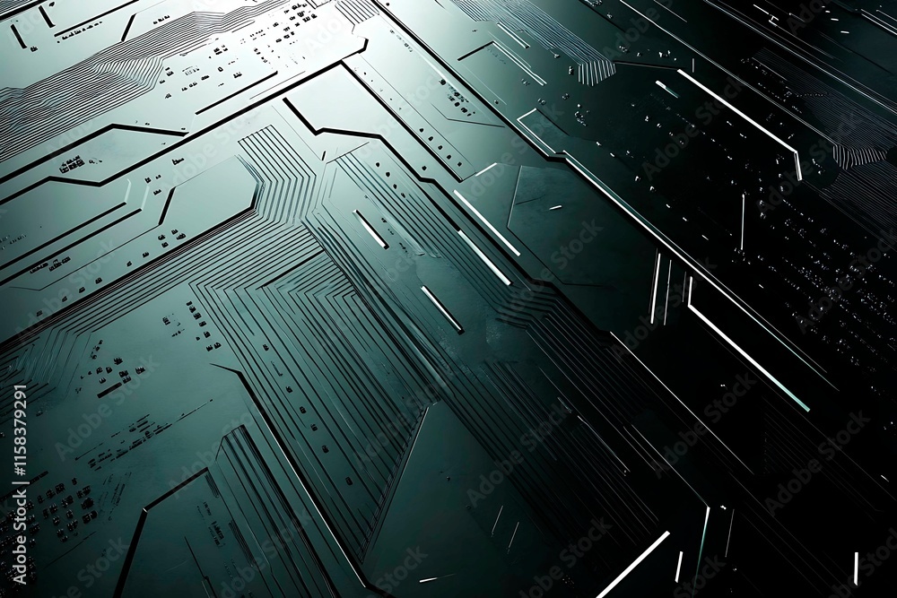 This vector illustration features a gradient green-black circuit board background, highlighted by an abstract technology pattern resembling interconnected circuitry.
