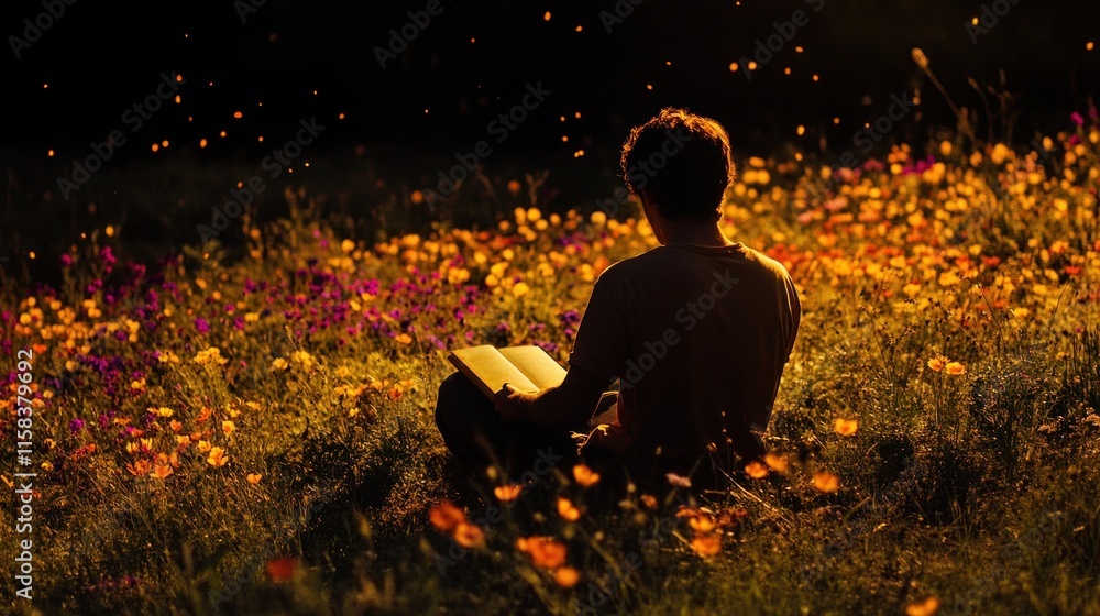 Man reading book in a field of flowers at sunset, fireflies glowing. Man reading book in a field of flowers at sunset, fireflies glowing.