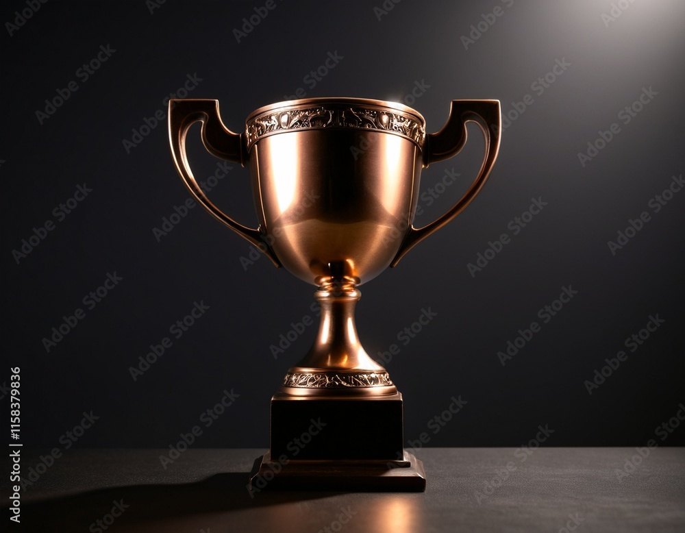 A golden trophy with intricate designs on its base and handles stands on a dark surface, illuminated by a spotlight. A golden trophy with intricate designs on its base and handles stands on a dark surface, illuminated by a spotlight.