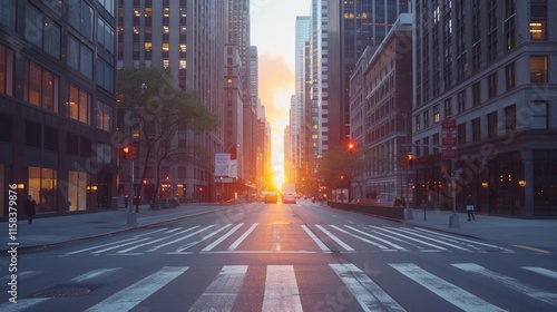 Sunset over city street with crosswalk and skyscrapers AI generative. .