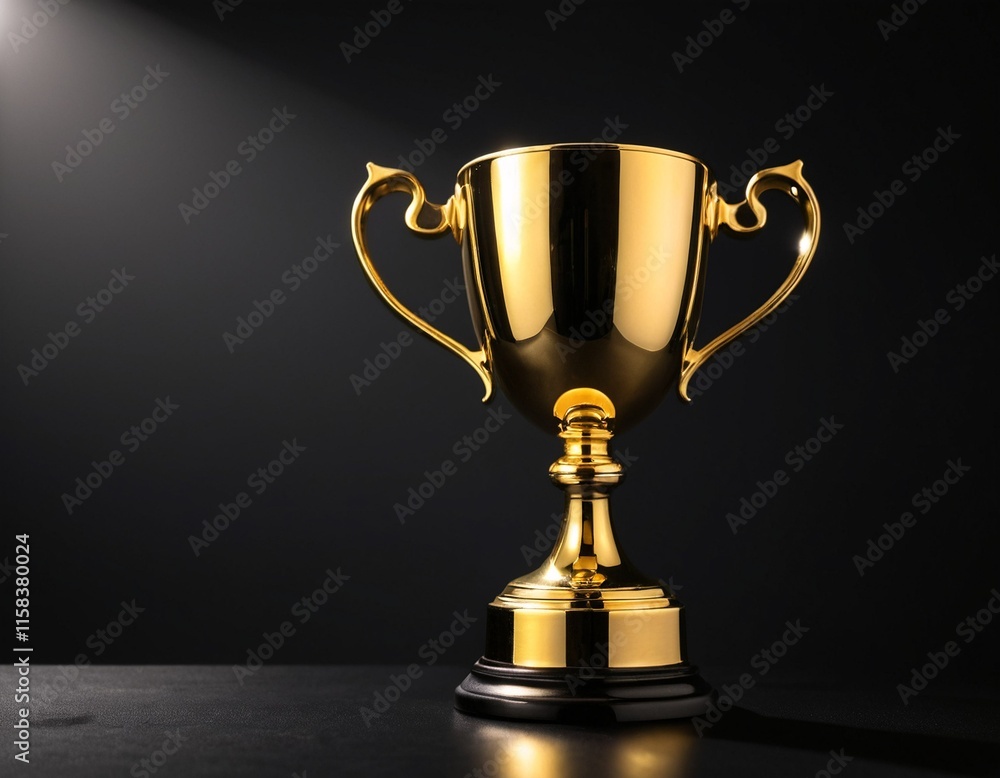 A golden trophy with two handles stands on a black base, illuminated by a spotlight against a dark background. A golden trophy with two handles stands on a black base, illuminated by a spotlight against a dark background.