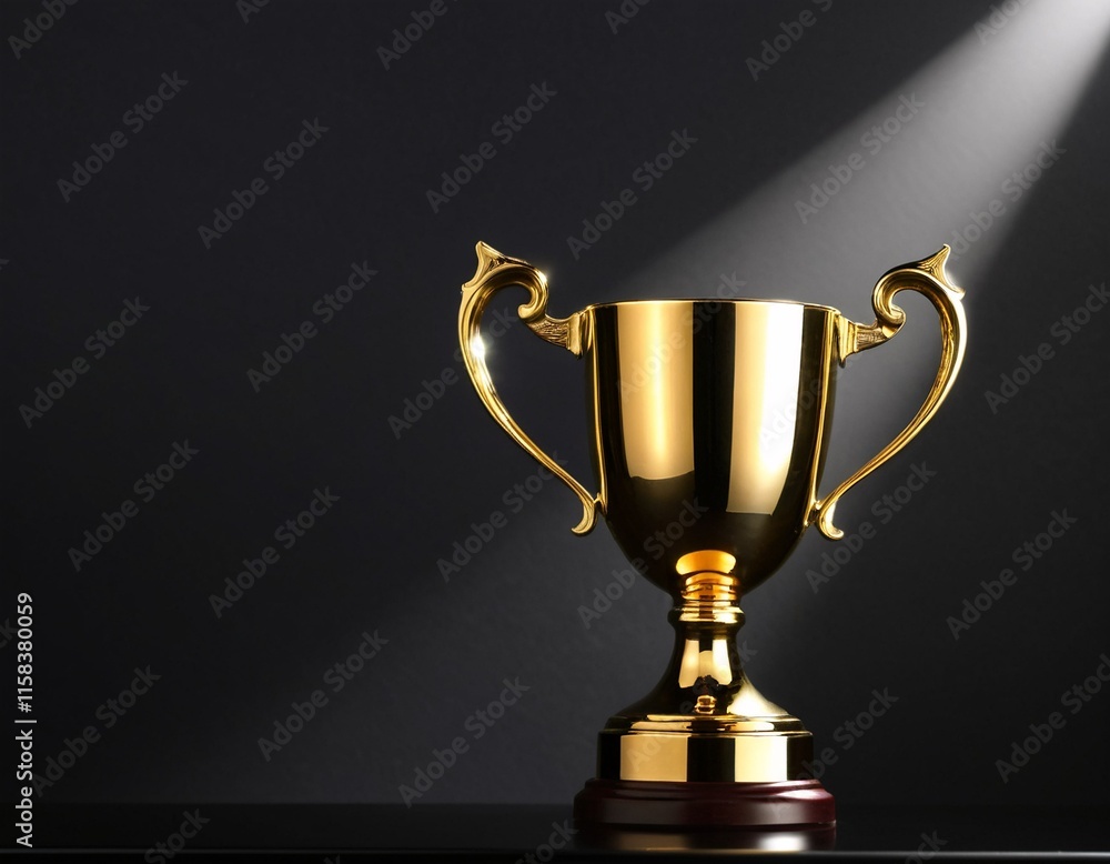A golden trophy with two handles stands on a dark surface, illuminated by a spotlight. A golden trophy with two handles stands on a dark surface, illuminated by a spotlight.