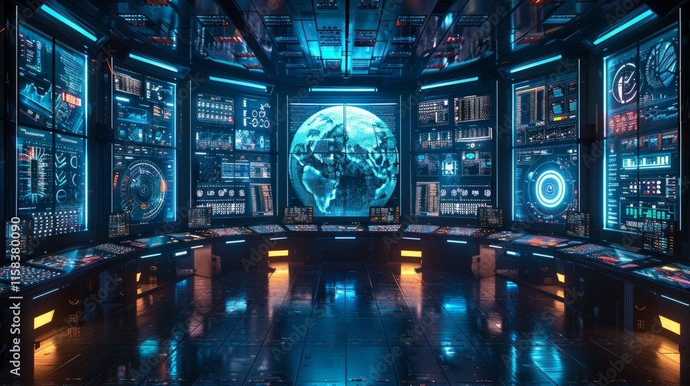 Futuristic control room with glowing screens displaying data and a holographic Earth. AI generative. .