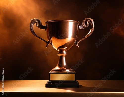 A golden trophy with a gold plaque sits on a wooden table, illuminated by a warm, golden light against a dark background. photo