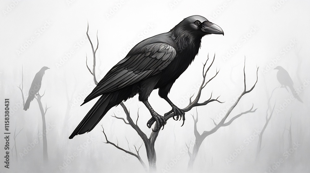 Fototapeta premium Majestic Raven Perched, Digitally Painted in a Moody, Atmospheric Style. AI Generated
