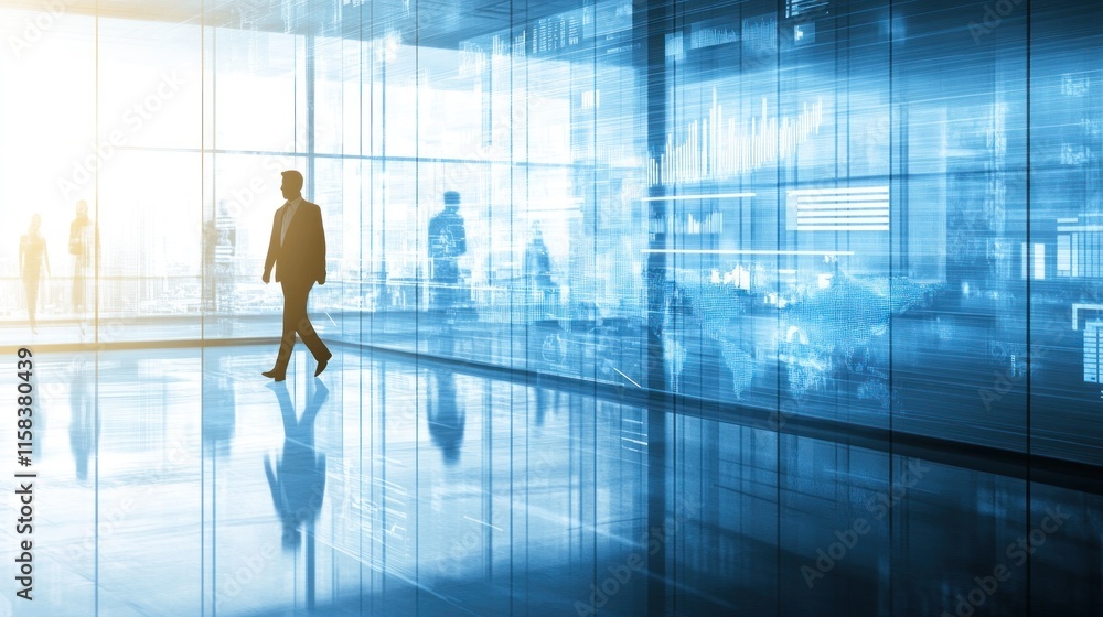 Businessman walking in modern office with global network projection. Businessman walking in modern office with global network projection.