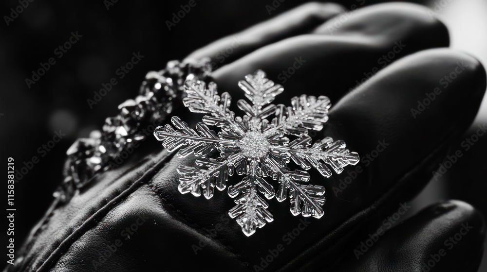 Close-up of a delicate snowflake resting on a black leather glove. Close-up of a delicate snowflake resting on a black leather glove.