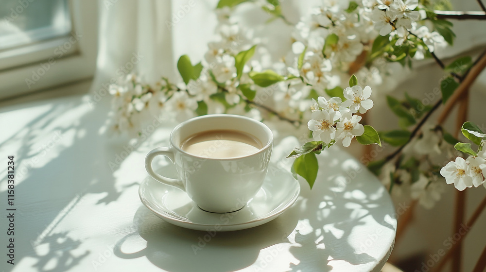 Enjoying a warm cup of coffee beside blooming white flowers in sunlight. Enjoying a warm cup of coffee beside blooming white flowers in sunlight.