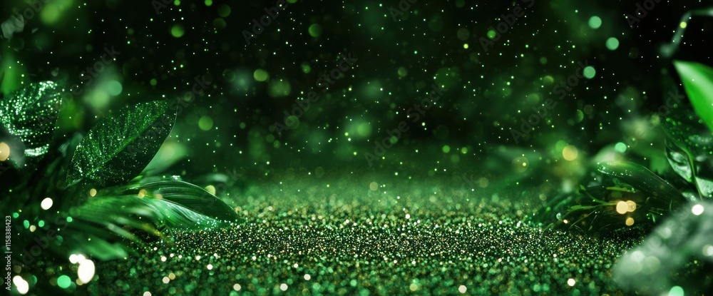 Green glitter background with lush leaves and bokeh lights, ideal for product display or nature themes. Green glitter background with lush leaves and bokeh lights, ideal for product display or nature themes.