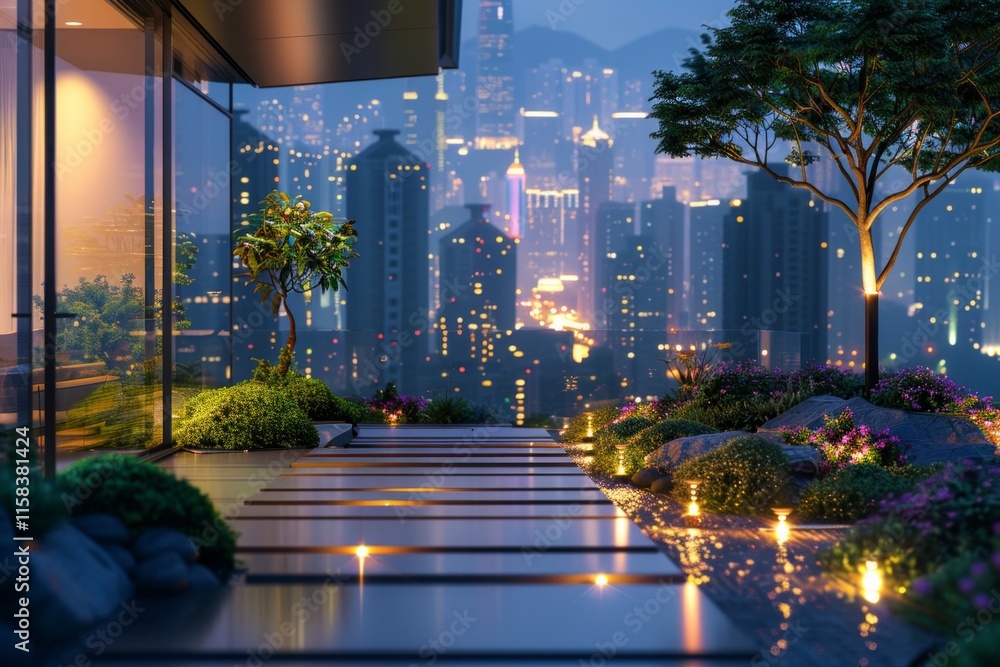 Fototapeta premium A nighttime view of a modern building rooftop with a walkway, plants, and a city skyline in the distance. AI generative. .