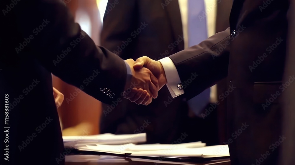 Obraz premium Two businessmen shaking hands, signifying a successful business deal or partnership.
