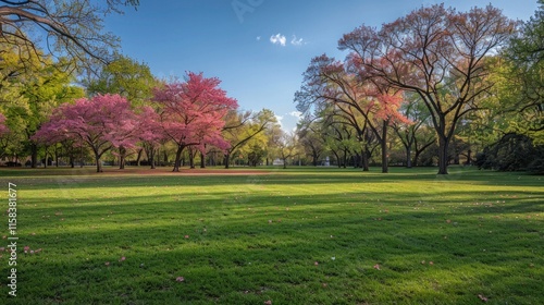 Pink and green trees on a bright, green lawn with a blue sky and white clouds. AI generative. . photo