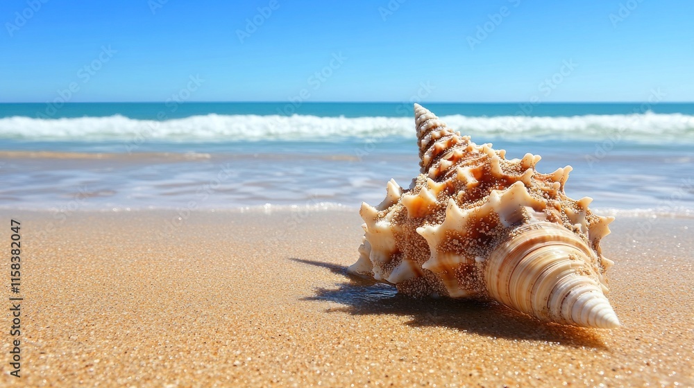Seashell on sandy beach near ocean waves under blue sky. Seashell on sandy beach near ocean waves under blue sky.