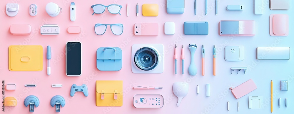 Fototapeta premium Abstract infographic of essential travel gadgets, pastel icons and design for a modern touch