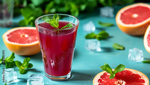 Glass of pink grapefruit juice with mint and ice on a teal background.  Healthy drink, summer refreshment concept.