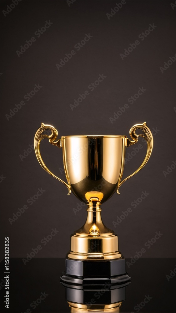 A golden trophy with two handles sits on a black base, reflecting light against a dark background. A golden trophy with two handles sits on a black base, reflecting light against a dark background.