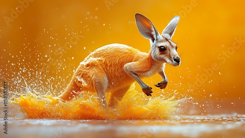 Red kangaroo joey leaping through orange water, splashing.