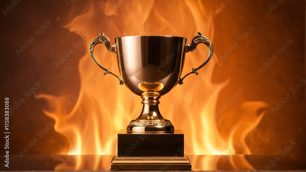 A golden trophy with two handles sits on a pedestal, surrounded by a fiery backdrop. A golden trophy with two handles sits on a pedestal, surrounded by a fiery backdrop.