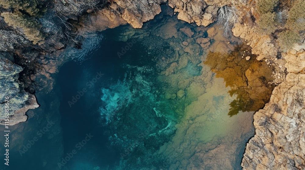Obraz premium Aerial view of a serene, turquoise pool nestled in rocky terrain.