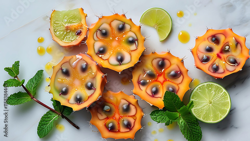 Top view of kiwano melon slices, lime wedges, and fresh mint sprigs arranged on a marble surface.  Exotic fruit, healthy food, vibrant colors. photo