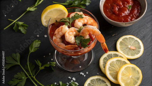 Elegant shrimp cocktail with lemon and parsley, perfect for fine dining decor and culinary inspiration.